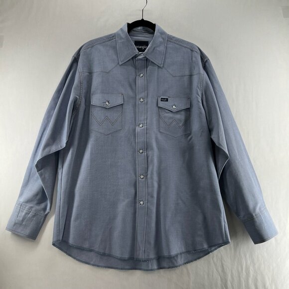 Wrangler Western Work Shirt Sz 17x35 Cowboy Cut Pearl Snap Pockets Chambray Blue - Picture 1 of 13